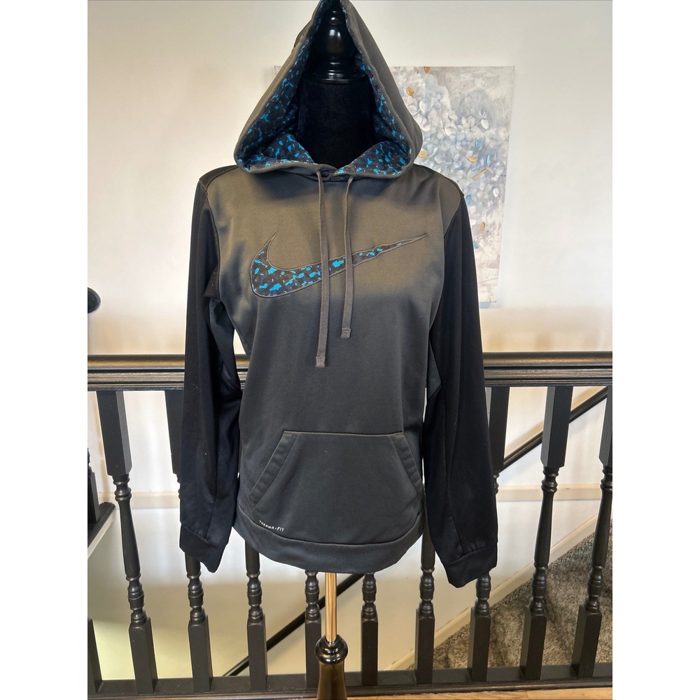 Nike Therma-FIT Hoodie‎ Mens Small Black Blue Camo Swoosh Pullover Sweatshirt